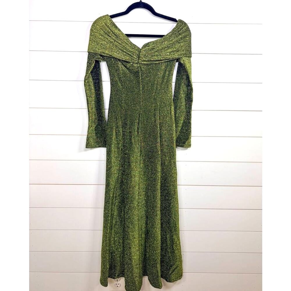 NWT Delfi Collective Women's Long Shimmer Off-Shoulder Maxi Dress Green Size XS